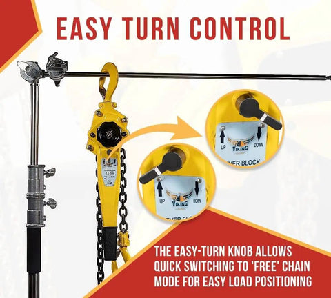 Two Pack Viking Manual Lever Chain Hoist 1.5 Ton Lift 20 Ft Reach 3000 Lbs Capacity shown with easy turn control on hooks.