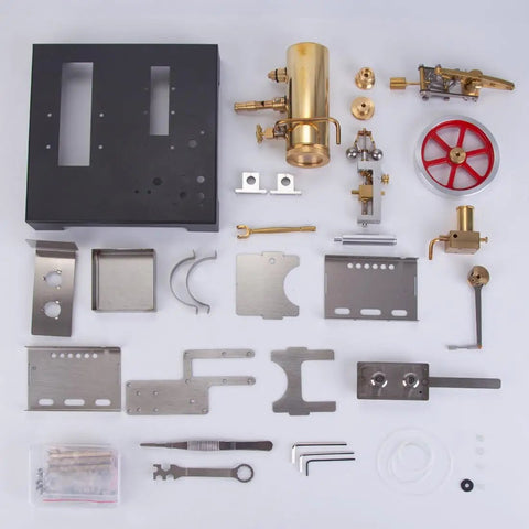 Components of Hands On Steam Engine Model Kit With Boiler For DIY Projects, Metal Beam Engine Build For Tinkerers, 84 Piece Set