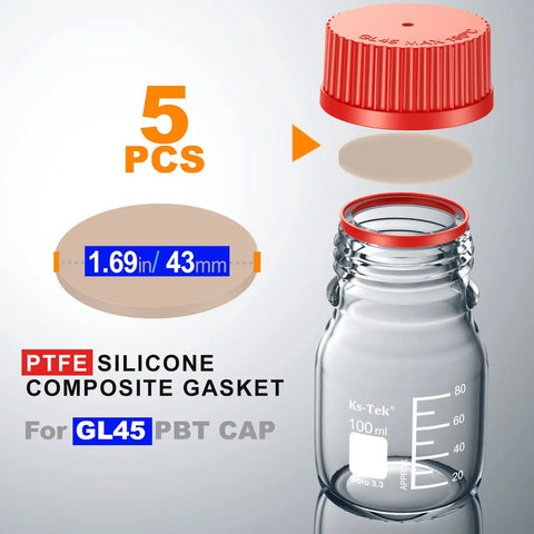 Next Level Vapor Block PTFE Faced Silicone Septa For GL45 Screw Caps 43MM Lab Liners Pack Of Five with 43mm gasket