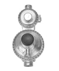 Front view of silver Onlyfire vertical two-stage propane regulator for propane tanks with black adjustment knob