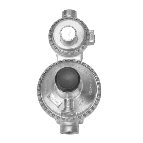 Front view of silver Onlyfire vertical two-stage propane regulator for propane tanks with black adjustment knob