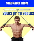 Hella Durable Resistance Band Wall Mount Rack With Two Sturdy Aluminum Brackets And Five Thick Elastic Cords For Killer Home Gym Pulley Training Sessions, shown with adjustable stackable weight from 20 to 200 lbs.