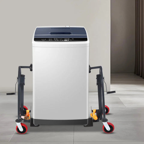 Heavy Duty Furniture Mover Dolly With 1100 Lbs Capacity Easy Glide Industrial Moving Platform Featuring Four Swivel Casters and sturdy handles, supports a large white appliance.