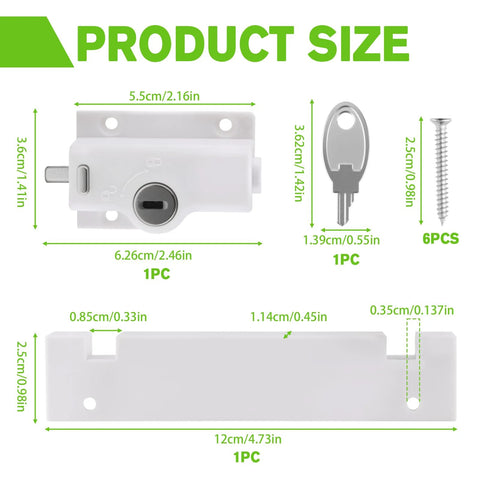 Keyed Sliding Door Lock For Glass Doors With Childproof Design, Dual Security Defense, Includes 6 Screws And Key, Fits Four Point Seven Six Inch Base, White, Ideal For Patio And Home Security, Easy Installation For Added Safety shown in product dimension illustration.