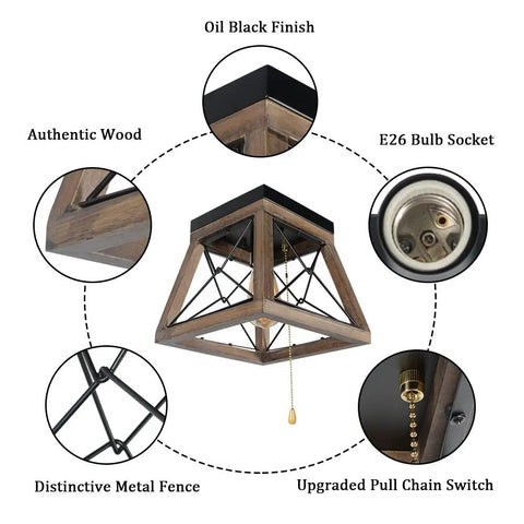 Rustic Wood Farmhouse Ceiling Light With Pull Chain 1 Light Small Square Black Flush Mount For Hallway Closet Laundry Room Edison E26 Compatible Country Style Indoor Lighting