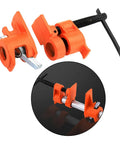 Heavy Duty Steel Pipe Clamp Set For Woodworking Hand Crank Adjustable Vise detailed view showing orange clamps and screw mechanism.
