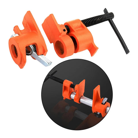 Heavy Duty Steel Pipe Clamp Set For Woodworking Hand Crank Adjustable Vise detailed view showing orange clamps and screw mechanism.
