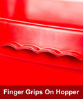 Close-up of finger grips on the Beefy 80-Pound Capacity Professional Turf Spreader's red hopper with weatherproof design