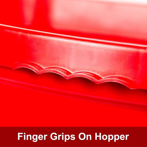Close-up of finger grips on the Beefy 80-Pound Capacity Professional Turf Spreader's red hopper with weatherproof design