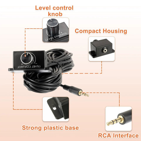 Universal Car Amplifier Level Controller With 3.5mm Cable Sub Amp Gain Knob, showing control knob and compact housing.