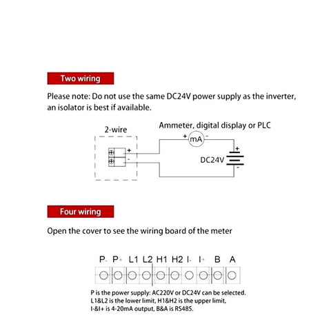 Diagram showing two and four wiring instructions for Ultrasonic Level Meter With 4 To 20mA Output Integrated Sensor For Silo And Water Level Measurement Digital Display 0 To 10m Range Waterproof ABS Shell Built For The Job Heavy Duty Industrial Grade Level Sensor For Quick Precise Readouts