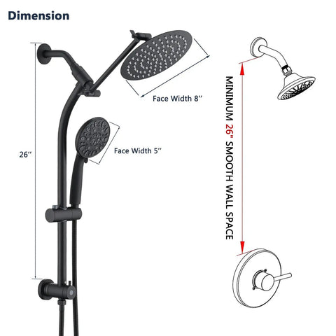 Rainfall 8 Inch Round Shower Head With High Pressure Handheld Spray Combo Drill Free Slide Bar With Adjustable Shower Extension Arm 3D view