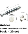 Top Shelf 3 In 1 Eccentric Wheel Nut Connectors For Furniture Assembly With Pre Inserted Nut And Dowel Pins, 20pc set with steel bolts.