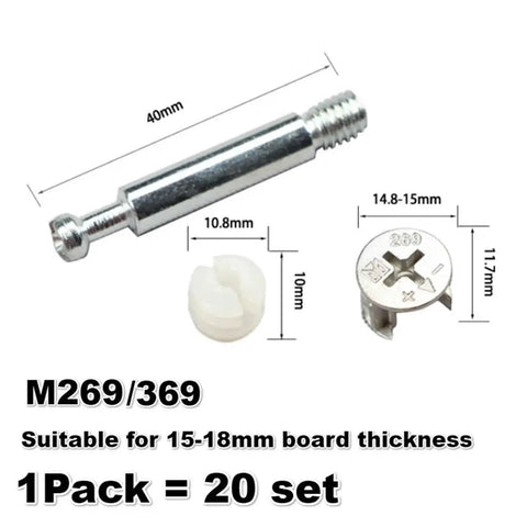 Top Shelf 3 In 1 Eccentric Wheel Nut Connectors For Furniture Assembly With Pre Inserted Nut And Dowel Pins, 20pc set with steel bolts.