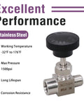 Needle valve, stainless steel, 1/4 NPT female x 1/4 NPT male, side view with black knurled knob.