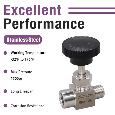 Needle valve, stainless steel, 1/4 NPT female x 1/4 NPT male, side view with black knurled knob.
