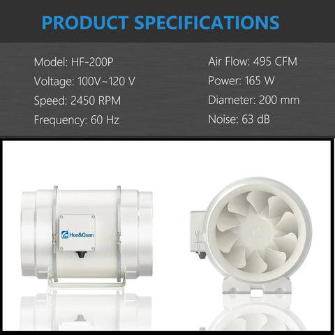 Quiet 8 Inch Inline Duct Fan With Beefy PWM Motor For Heating And Cooling Boost shown with product specifications