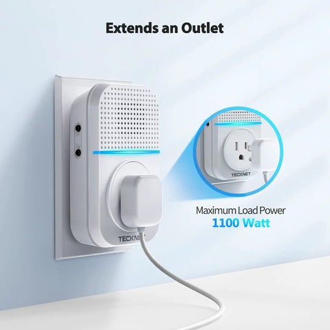 Wireless Doorbell Kit With Plug Through Design IP66 Waterproof 1300 Feet Range Cordless Chime 60 Ringtones And 5 Level Volume 0 To 110 dB Doorbell For Home Or Classroom shown plugged into wall outlet with maximum load power of 1100 Watt.