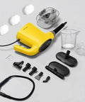 Heavy Duty Handheld Steam Cleaner With Smart Led Display And No Sweat Continuous Trigger Lock For Whole House Deep Cleaning Includes 16 Piece Accessory Kit For Kitchens Floors And Upholstery Quick Heat Ergo Handle on gray background.