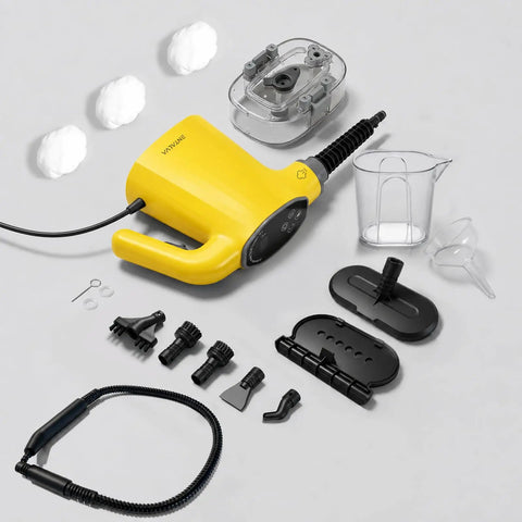 Heavy Duty Handheld Steam Cleaner With Smart Led Display And No Sweat Continuous Trigger Lock For Whole House Deep Cleaning Includes 16 Piece Accessory Kit For Kitchens Floors And Upholstery Quick Heat Ergo Handle on gray background.
