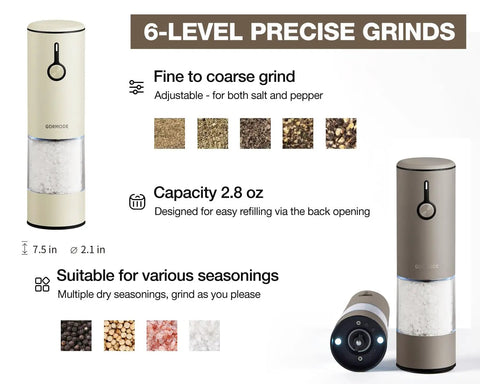 Rechargeable Electric Salt And Pepper Grinder Set With LED light and adjustable coarseness, greige and buttercream finish.