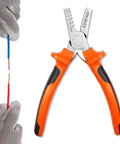 Get your hands on this bad boy of a crimping tool. High carbon steel with orange PVC handle for stripping and cutting cables.