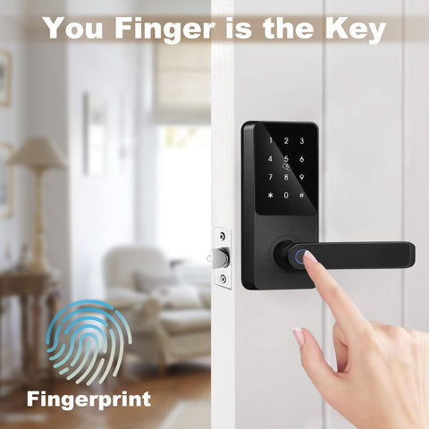 Fingerprint Keyless Entry Door Lock With Reversible Handle, Touchscreen Keypad, And Smart Lock With App, showing fingerprint entry.