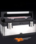 Front view of Portable Lockable Tool Case With Removable Tray And Alloy Handle Sturdy Plastic And Steel Construction Double Locking Latches