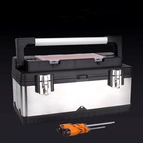 Portable Lockable Toolbox Case With Removable Tray Durable Plastic And Stainless Steel Build Aluminum Alloy Handle Double Lock Organizer For Tools Great For Home Garage Workshop On The Go.