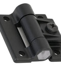 Close-up of black Southco E6-10-501-20 adjustable torque hinge with mounting holes, 2-1/2" leaf height, acetal copolymer