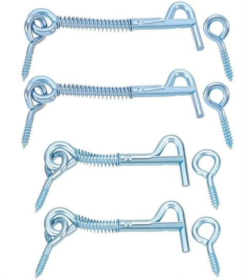 Tank Tough Zinc Plated Hook And Eye Latch With Snap Shut Spring Lock For Secure Shed Gate And Cabinet Doors Weather Resistant Steel Safety Catch 4 Pack displayed.