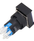 Thinking Process: black 24V push button switch with metal terminals, side view