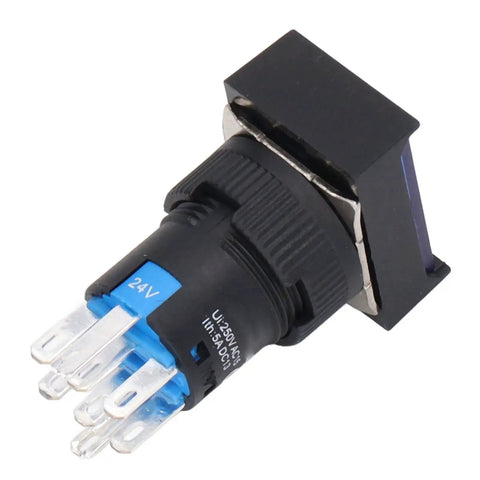 Thinking Process: black 24V push button switch with metal terminals, side view