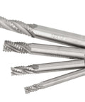 Set of four 4-flute HSS roughing end mills for CNC machines; high-speed steel bits with straight shanks