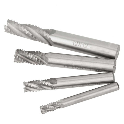Set of four 4-flute HSS roughing end mills for CNC machines; high-speed steel bits with straight shanks