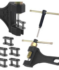 Heavy Duty Motorcycle Chain Breaker Kit With 420 Master Link And Breaker Thimble, tool and master links displayed