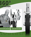 Built Tough Heavy Duty Eight Inch Scaffolding Wheels With Steel Casters And Dual Locking Brakes 1.25 Inch Stem showing 360-degree rotation features.