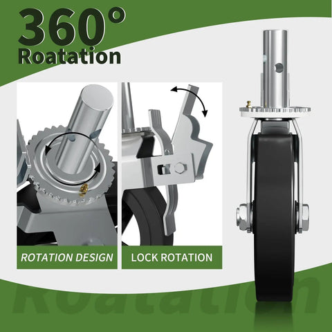 Built Tough Heavy Duty Eight Inch Scaffolding Wheels With Steel Casters And Dual Locking Brakes 1.25 Inch Stem showing 360-degree rotation features.