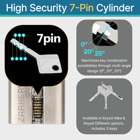 Keyed Alike Heavy Duty Padlocks 2 Pack With Stainless Steel Shackle Waterproof And Rustproof 6 Keys Included, 7-pin cylinder detail