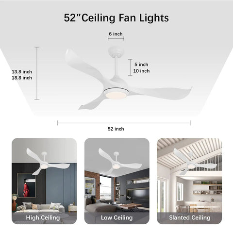 Cool 52 Inch White Ceiling Fan With Lights And Remote 3 ABS Blades Quiet 6 Speed Reversible DC Motor shown in various rooms