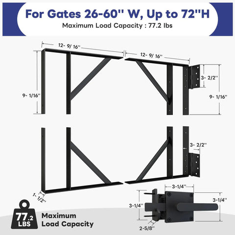 Heavy Duty Gate Bracket Kit For Wood Fences, Anti Sag Gate Building Set With Right Latch, Rust Proof Black Steel Corner Braces For 2x4 Lumber, All In One Hardware For Garden Shed And Driveway Gates