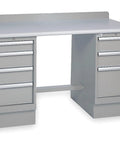 Heavy Duty Technical Workbench With Plastic Laminate Top And Dual Drawer Pedestals Built For Serious Garage Projects Offering Killer Storage And Straight Up Solid Performance In Light Gray with six drawers