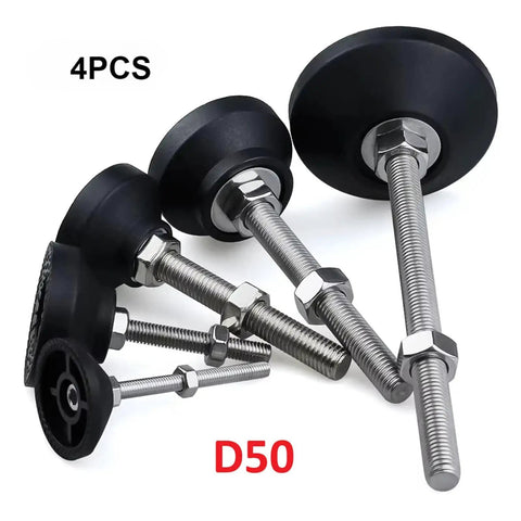 Rock Solid Adjustable Leveling Feet With Swivel Base And Precision Threads To Dial In Your Furniture Or Lathe Smooth Out Those Wobbly Floors Like A Real Pro Four Pack, showing four adjustable feet with D50 base and threaded rods.