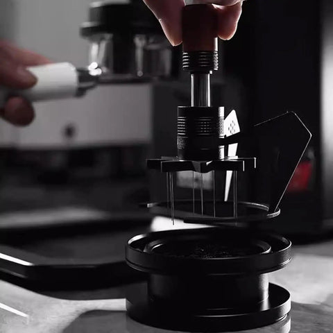 Height Adjustable 58Mm Espresso Stirrer Coffee Needle Distributor For Even Ground Spread Includes Cleanup Base visible in use.