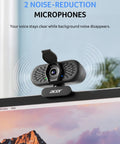 Hassle Free Plug And Play 1080P HD Webcam For Computers showing dual noise-reduction microphones mounted on a monitor.