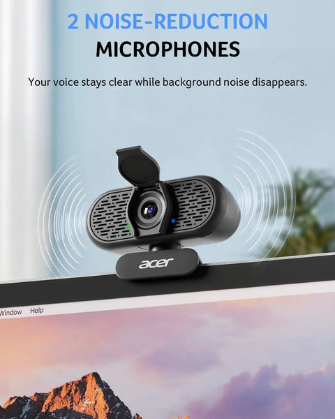 Hassle Free Plug And Play 1080P HD Webcam For Computers showing dual noise-reduction microphones mounted on a monitor.