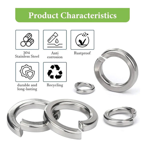 1000Pcs 304 Stainless Steel Spring Washers Kit Nine Size Set M2 M2.5 M3 M4 M5 M6 M8 M10 M12 For Mechanical Automotive Equipment Outdoor Furniture Pro Grade Anti Loosening Locking Fastening, 304 stainless steel spring washers