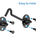 Heavy Duty Barn Door Latch And Lock Set Black Six Inch Hook And Eye Catch With Rust Proof Steel and included screws for easy installation.