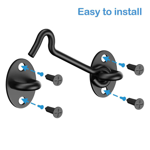 Heavy Duty Barn Door Latch And Lock Set Black Six Inch Hook And Eye Catch With Rust Proof Steel and included screws for easy installation.