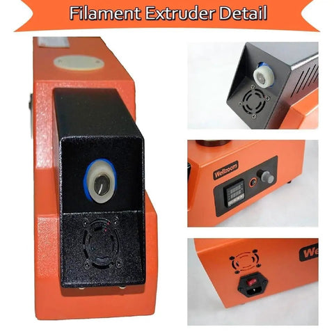 Detail view of Built Tough Commercial 3D Printer Filament Extruder With Adjustable Speed And Dual Extrusion Dies, showcasing control panel and nozzle.